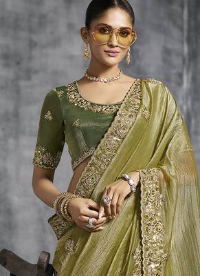 Olive green tissue saree with embroidered work 2