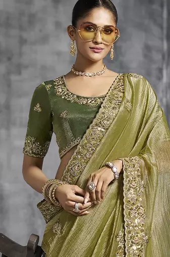 Olive green tissue saree with embroidered work