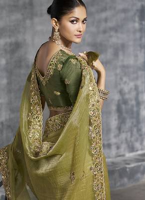 Olive green tissue saree with embroidered work 3