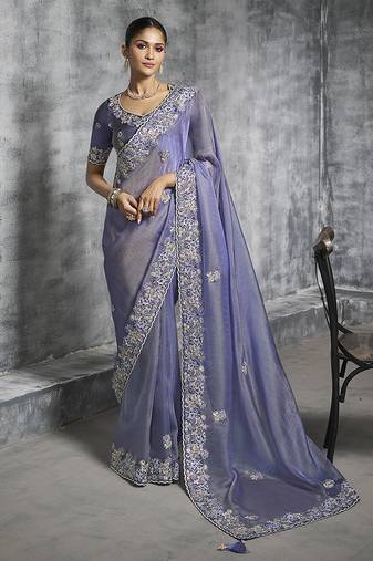 Lavender tissue traditional saree with embroidered, resham and thread work for ceremonial