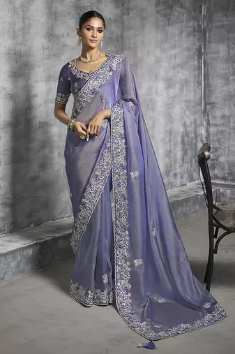 Lavender tissue traditional saree with embroidered, resham and thread work for ceremonial