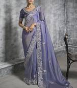 Lavender tissue traditional saree with embroidered, resham and thread work for ceremonial