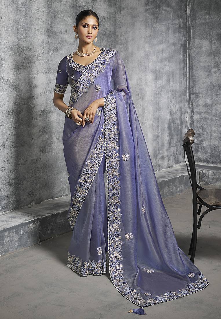 Lavender tissue traditional saree with embroidered, resham and thread work for ceremonial