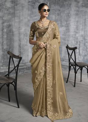 Beige tissue saree with embroidered work 1