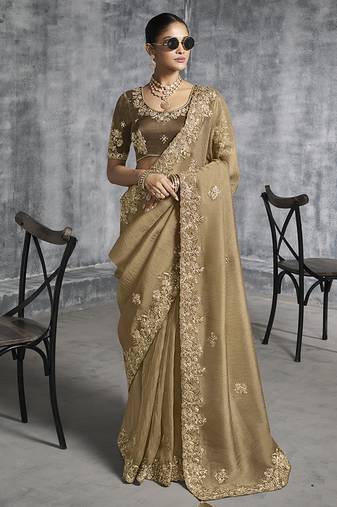 Beige tissue traditional saree with embroidered, resham and thread work for ceremonial