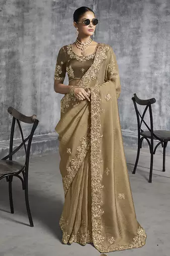 Beige tissue traditional saree with embroidered, resham and thread work for ceremonial