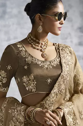 Beige tissue saree with embroidered work