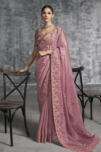 Pink tissue traditional saree with embroidered, resham and thread work for ceremonial