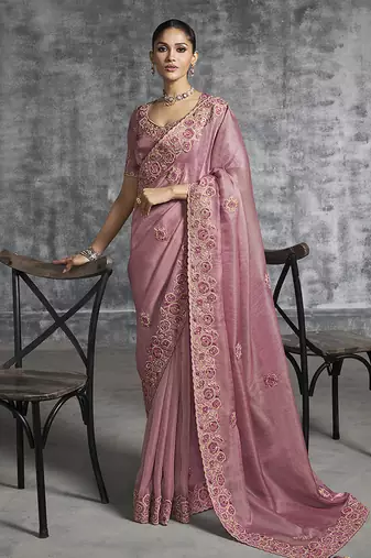 Pink tissue traditional saree with embroidered, resham and thread work for ceremonial