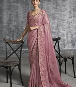 Pink tissue traditional saree with embroidered, resham and thread work for ceremonial