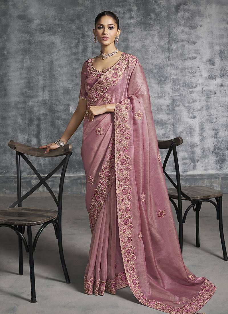 Pink tissue traditional saree with embroidered, resham and thread work for ceremonial