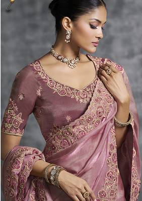 Pink tissue saree with embroidered work 2