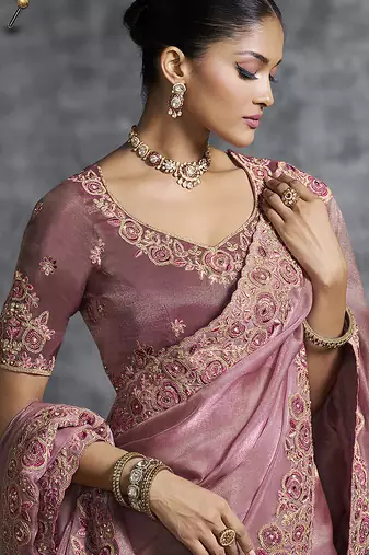 Pink tissue saree with embroidered work