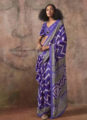 Purple color ajrakh print satin georgette saree 1