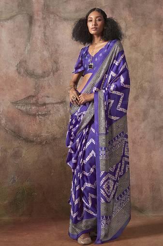 Purple color ajrakh print with bandhej pattern satin georgette saree