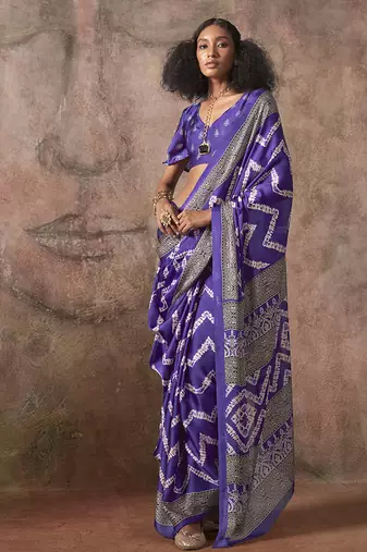 Purple color ajrakh print with bandhej pattern satin georgette saree