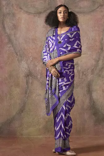 Purple color ajrakh print satin georgette saree