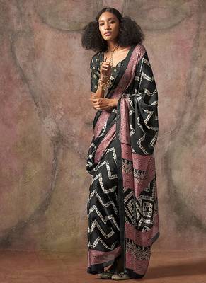 Black color ajrakh print satin georgette saree 1
