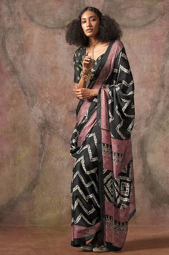 Black color ajrakh print with bandhej pattern satin georgette saree