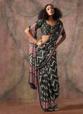 Black color ajrakh print satin georgette saree 2