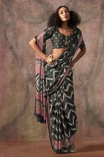 Black color ajrakh print satin georgette saree