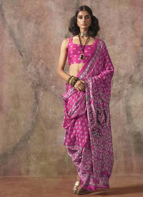 Pink color ajrakh print satin georgette saree 1