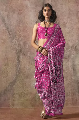 Pink color ajrakh print with bandhej pattern satin georgette saree