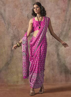 Pink color ajrakh print satin georgette saree 2