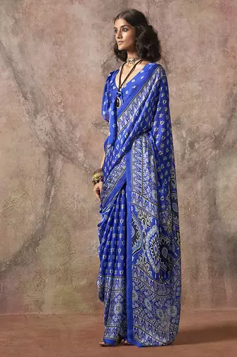 Blue color ajrakh print with bandhej pattern satin georgette saree