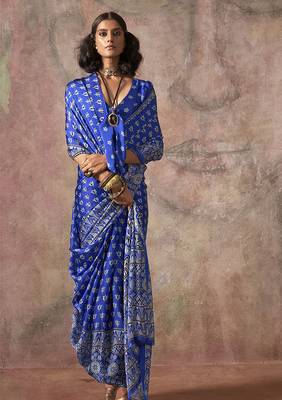 Blue color ajrakh print satin georgette saree 2