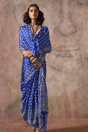 Blue color ajrakh print satin georgette saree