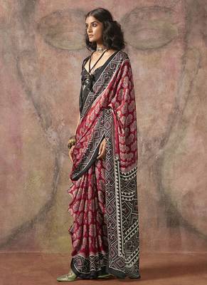 Red & black color ajrakh print satin georgette saree 1
