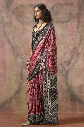 Red & black color ajrakh print with bandhej pattern satin georgette saree