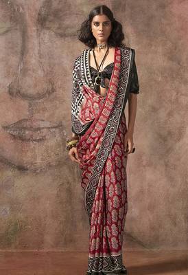 Red & black color ajrakh print satin georgette saree 2