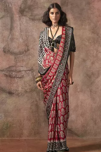 Red & black color ajrakh print satin georgette saree