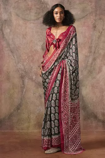 Black & red color ajrakh print with bandhej pattern satin georgette saree