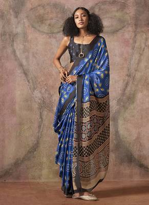 Blue & black color ajrakh print satin georgette saree 1