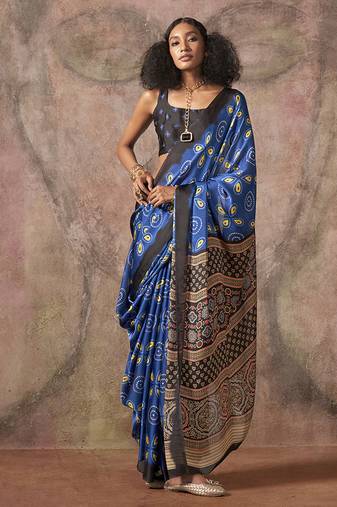 Blue & black color ajrakh print with bandhej pattern satin georgette saree