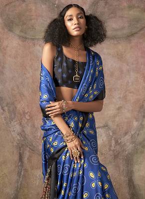 Blue & black color ajrakh print satin georgette saree 2