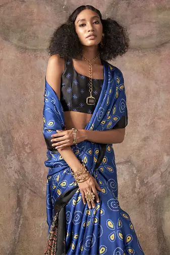 Blue & black color ajrakh print satin georgette saree