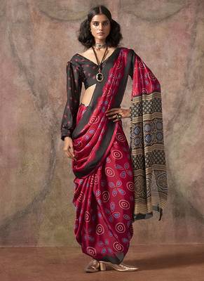 Red color ajrakh print satin georgette saree 1