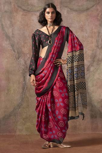 Red color ajrakh print with bandhej pattern satin georgette saree