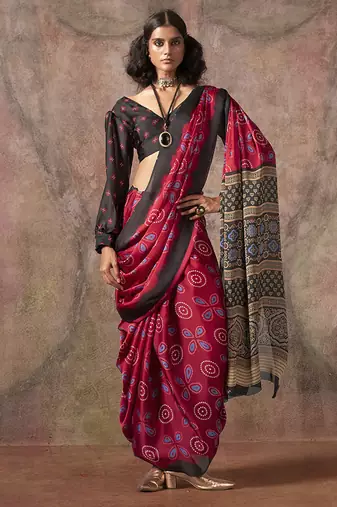 Red color ajrakh print with bandhej pattern satin georgette saree