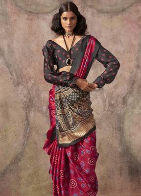 Red color ajrakh print satin georgette saree 2