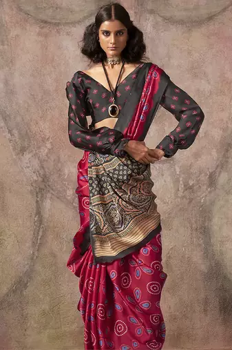 Red color ajrakh print satin georgette saree
