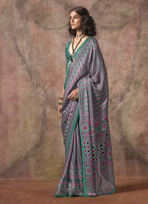 Turquoise color ajrakh print satin georgette saree 1
