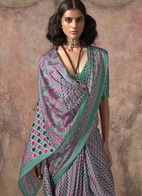 Turquoise color ajrakh print satin georgette saree 2