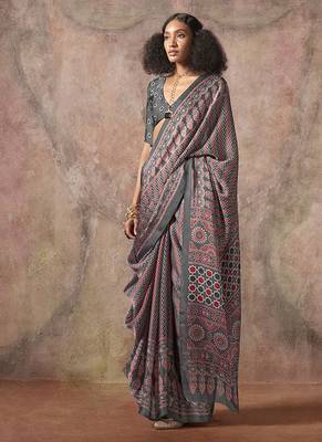 Grey color ajrakh print satin georgette saree 1