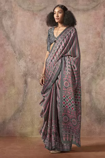 Grey color ajrakh print with bandhej pattern satin georgette saree