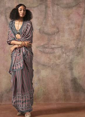 Grey color ajrakh print satin georgette saree 2
